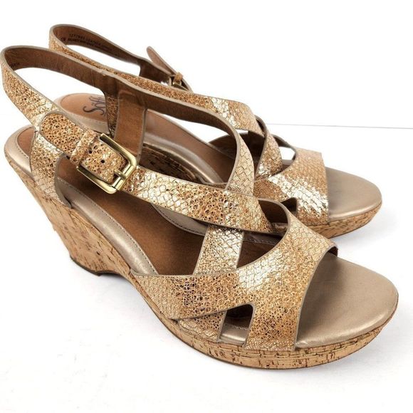 Sofft Cork Gold Metallic Reptile Strappy Leather Cork Wedges Comfort Sandals 10M - Picture 1 of 8